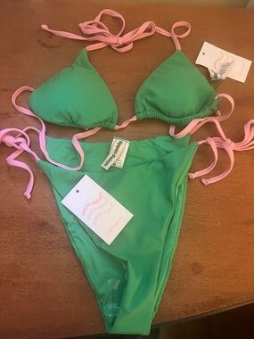 Dippin Daisys Green Ribbed Triangle Bikini with Pink Ties
